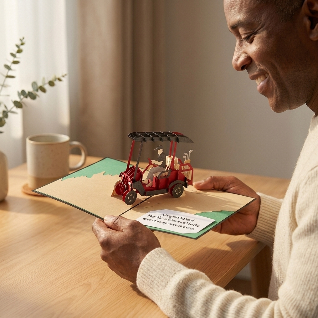 A man smiling while holding a 3D pop-up card featuring a red golf cart with people inside, set on a wooden table in a warm, softly lit indoor setting.