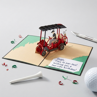 A 3D pop-up cardboard birthday card for a golf fan, featuring a red golf cart with a miniature driver on a sand and green course background. The card is displayed open on a light gray surface with a golf tees, golf ball, and craft knife as props, and includes a handwritten note that reads 'Hugo: time to par-tee! Wishing you a tee-nique birthday!'.