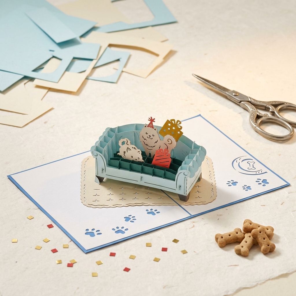 Dogs Lying On Blue Couch 3D Pop Up Greeting Card