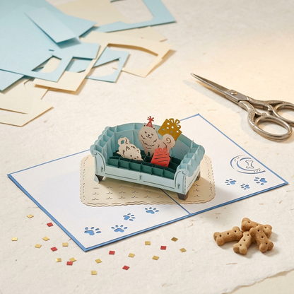 Dogs Lying On Blue Couch 3D Pop Up Greeting Card