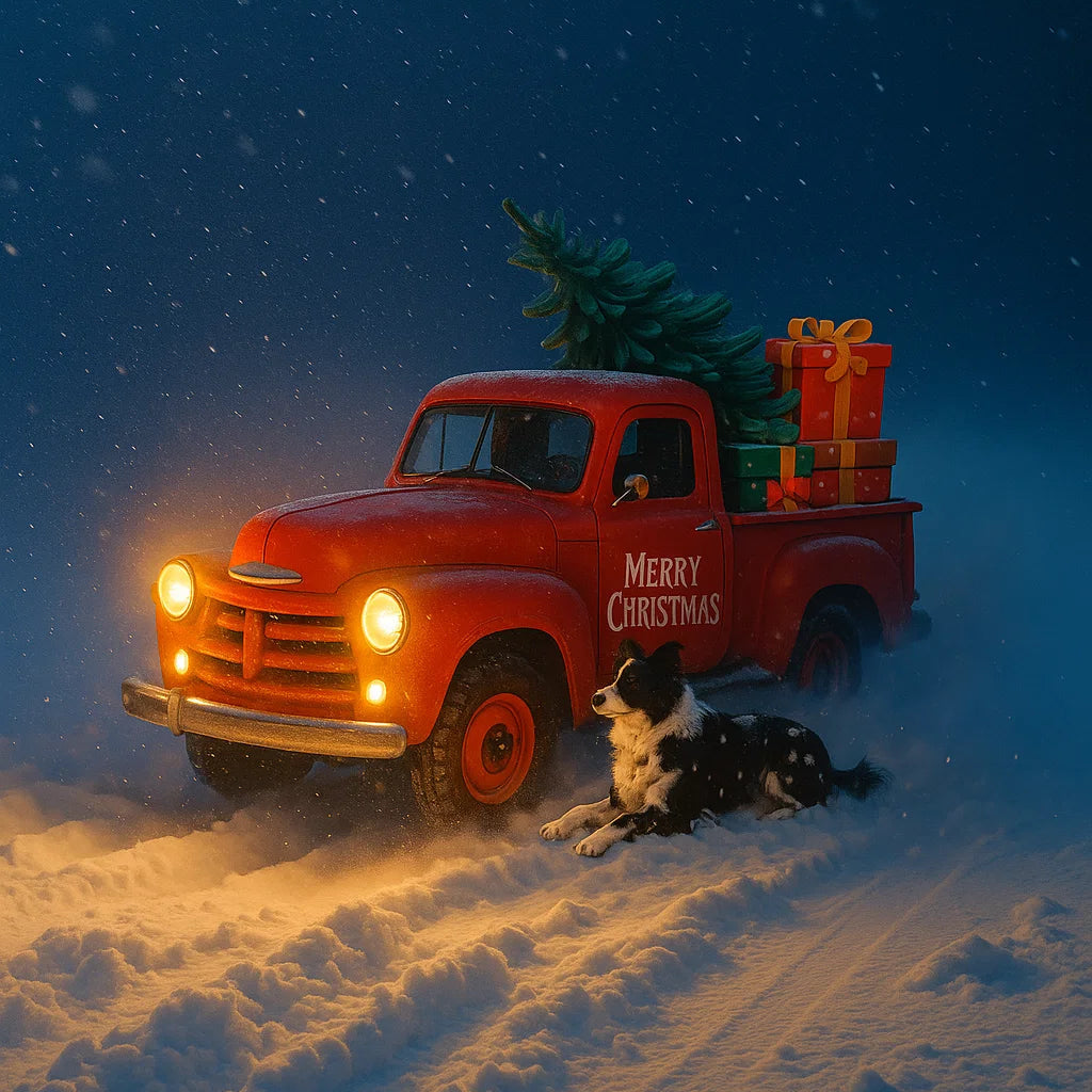 Red toy truck with Christmas tree and presents in the snow, illuminated by headlights.