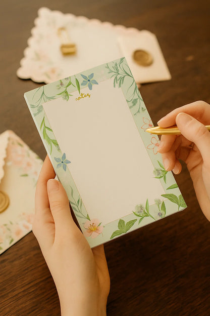 Person holding a floral notepad with a pen on a wooden surface