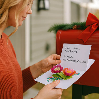 Person holding a card with a flower design in front of a red mailbox.