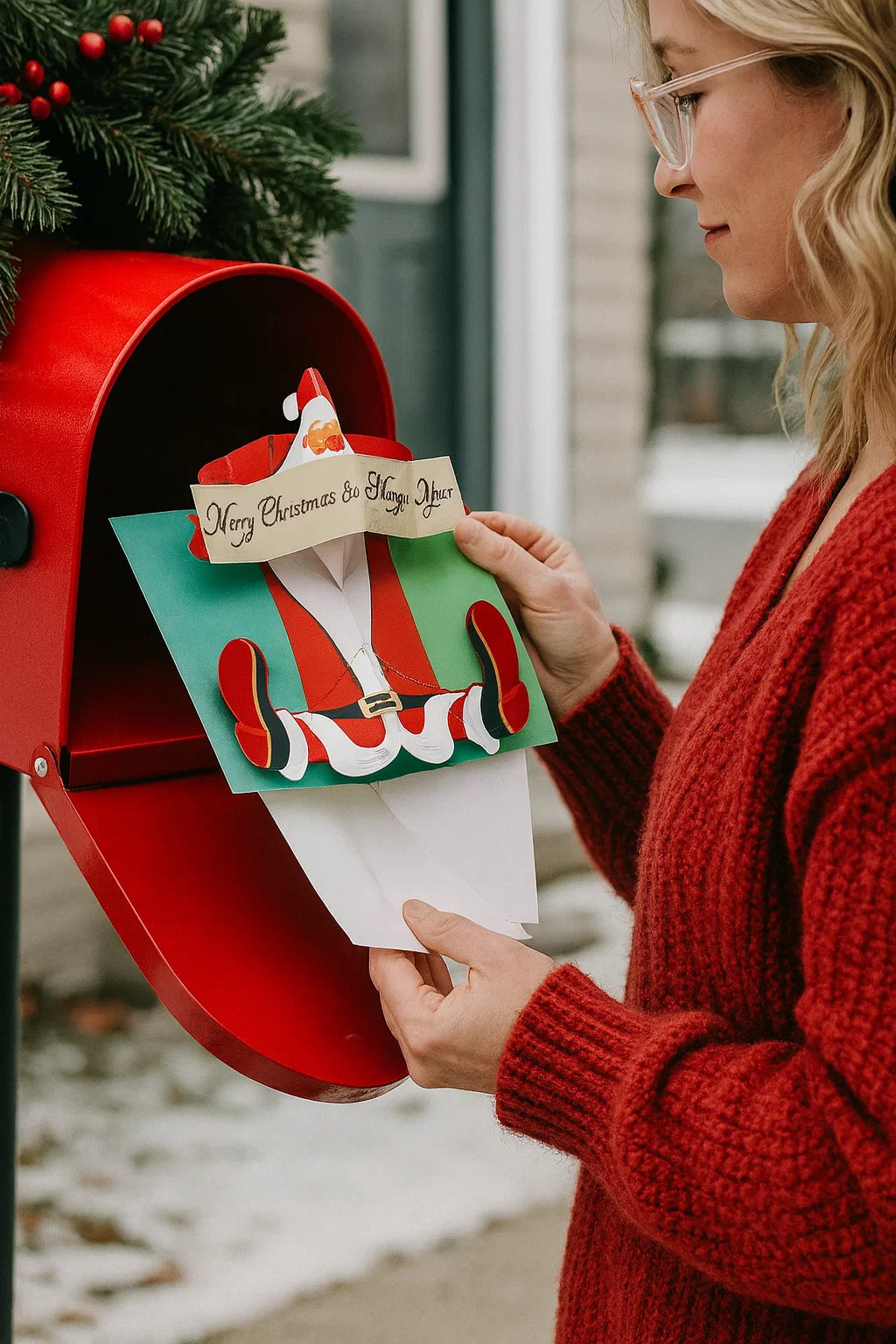Person in a red sweater placing a Christmas card into a red mailbox.