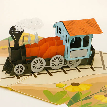 Valentine's Day card with a 3D train design and a message on a white background.