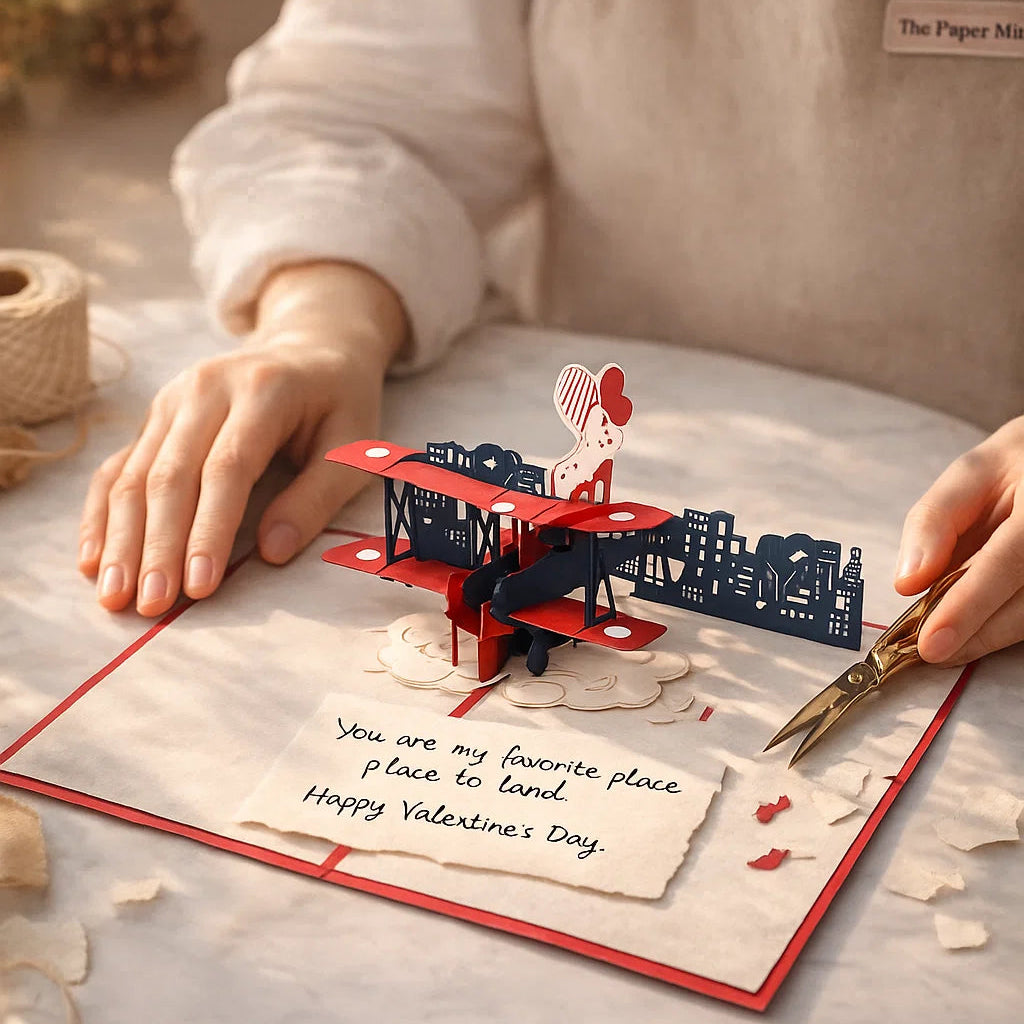 Person cutting a Valentine's Day card with a 3D airplane design on a marble table.