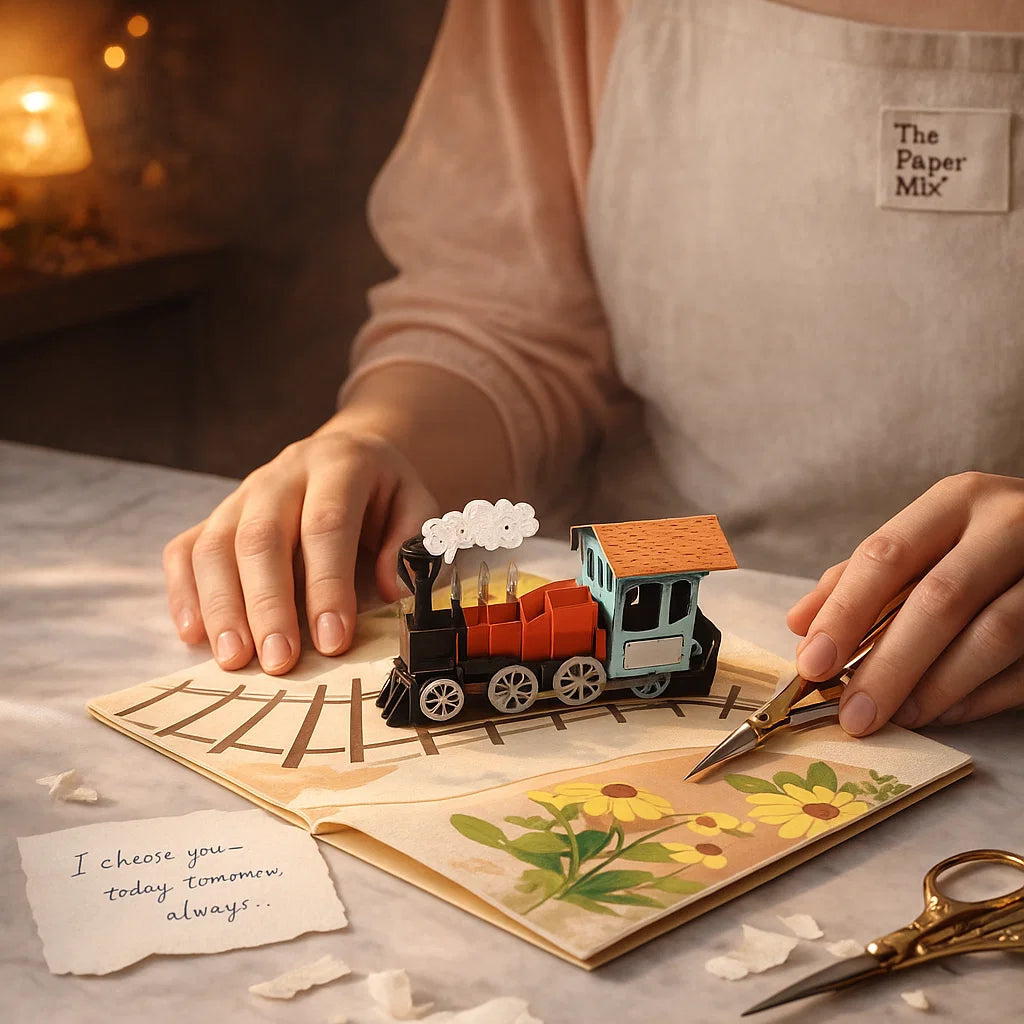 Person crafting a decorative paper train with scissors on a table, wearing an apron.