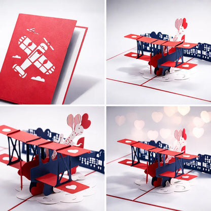 Red and blue airplane-shaped product with pop-up design on a white background