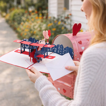 Person opening a mailbox with a 3D pop-up card featuring a romantic scene.