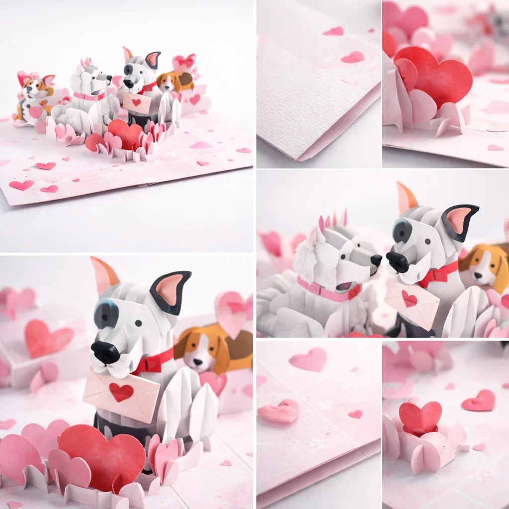 Collage of a 3D pop-up card with dogs and hearts on a white background