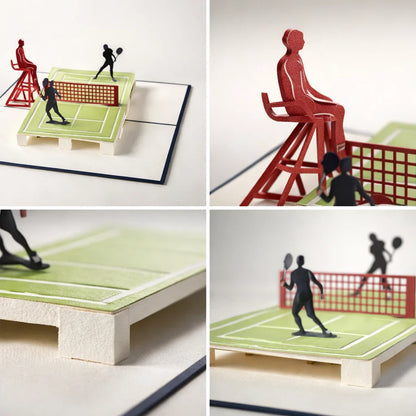 Collage of a miniature table tennis set with players and referee on a white background