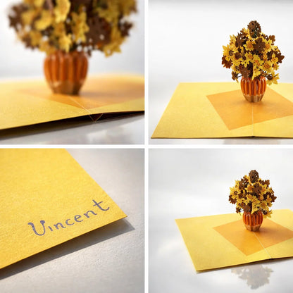Pop-up card with a vase of flowers and 'Vincent' written on a yellow card.