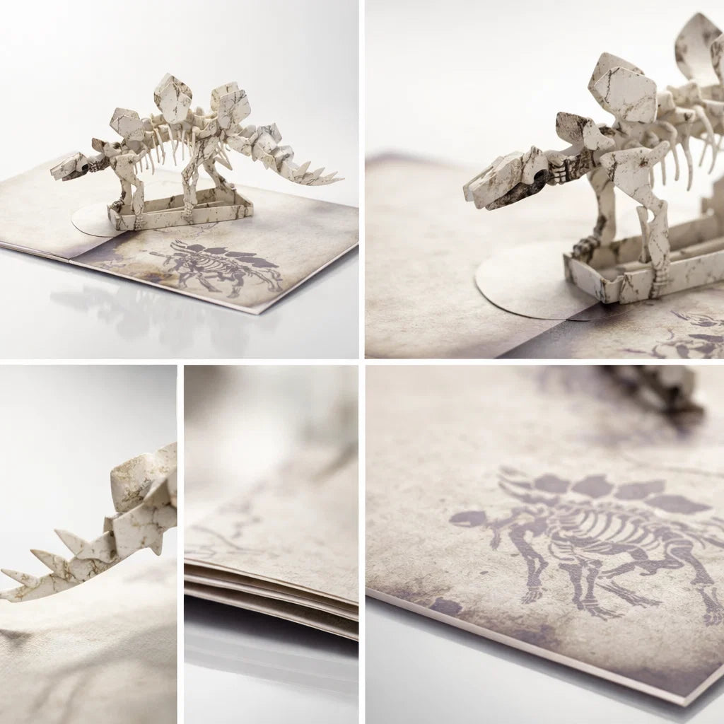 Pop-up card with dinosaur skeleton design on a white background
