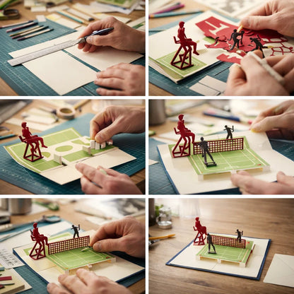 Step-by-step process of creating a pop-up sports scene with figures on a table.