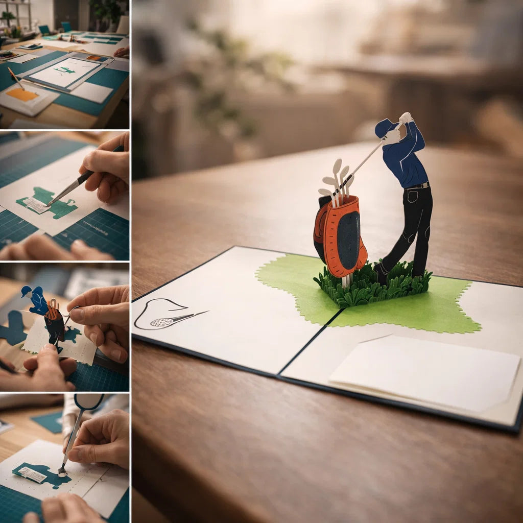 Golf-themed pop-up book with a golfer and golf bag on a wooden table.