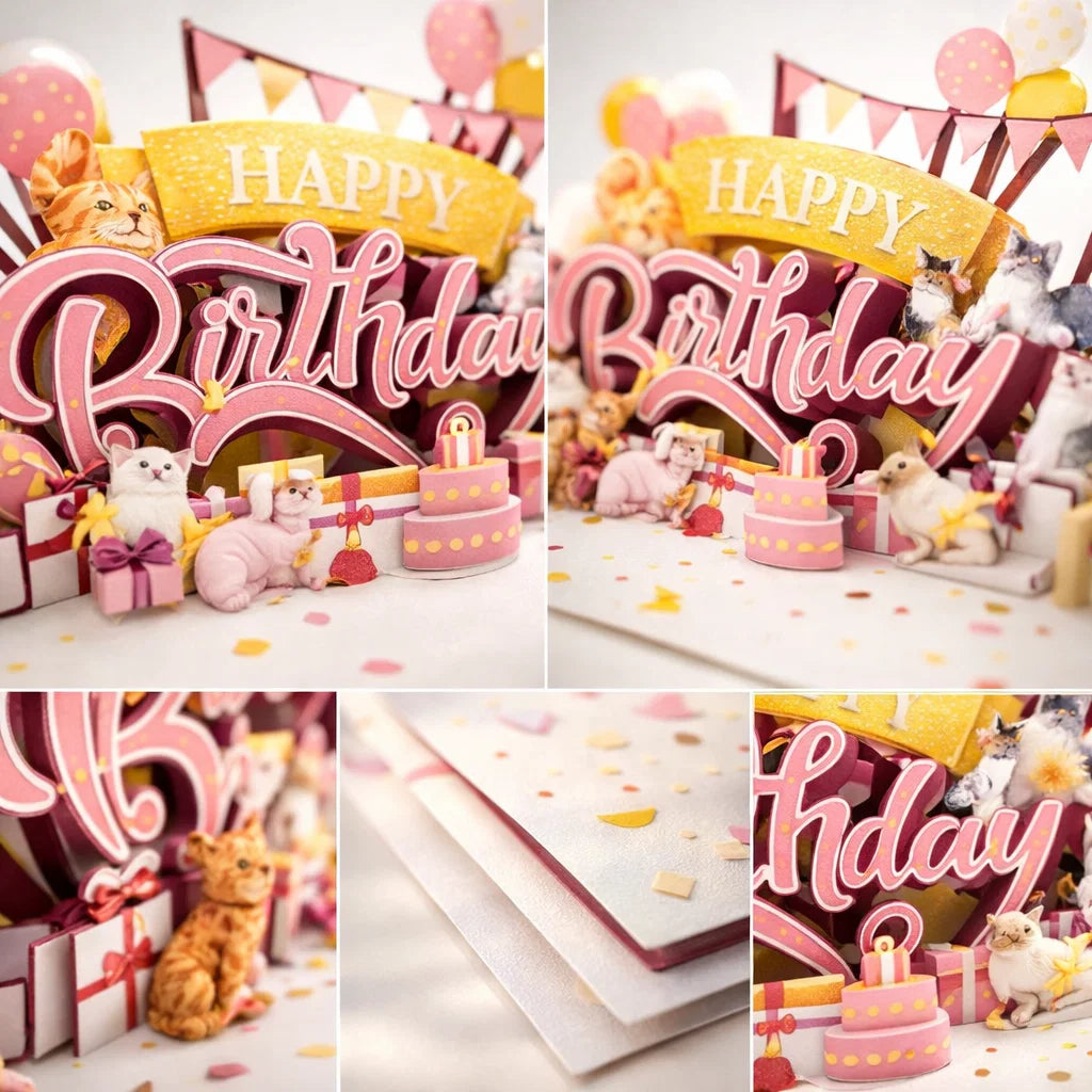 Cats Birthday Party 3D Pop Up Greeting Card