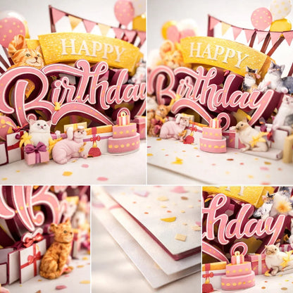 Cats Birthday Party 3D Pop Up Greeting Card