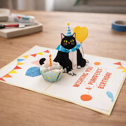 Black Cat Cup Cake 3D Pop Up Greeting Card