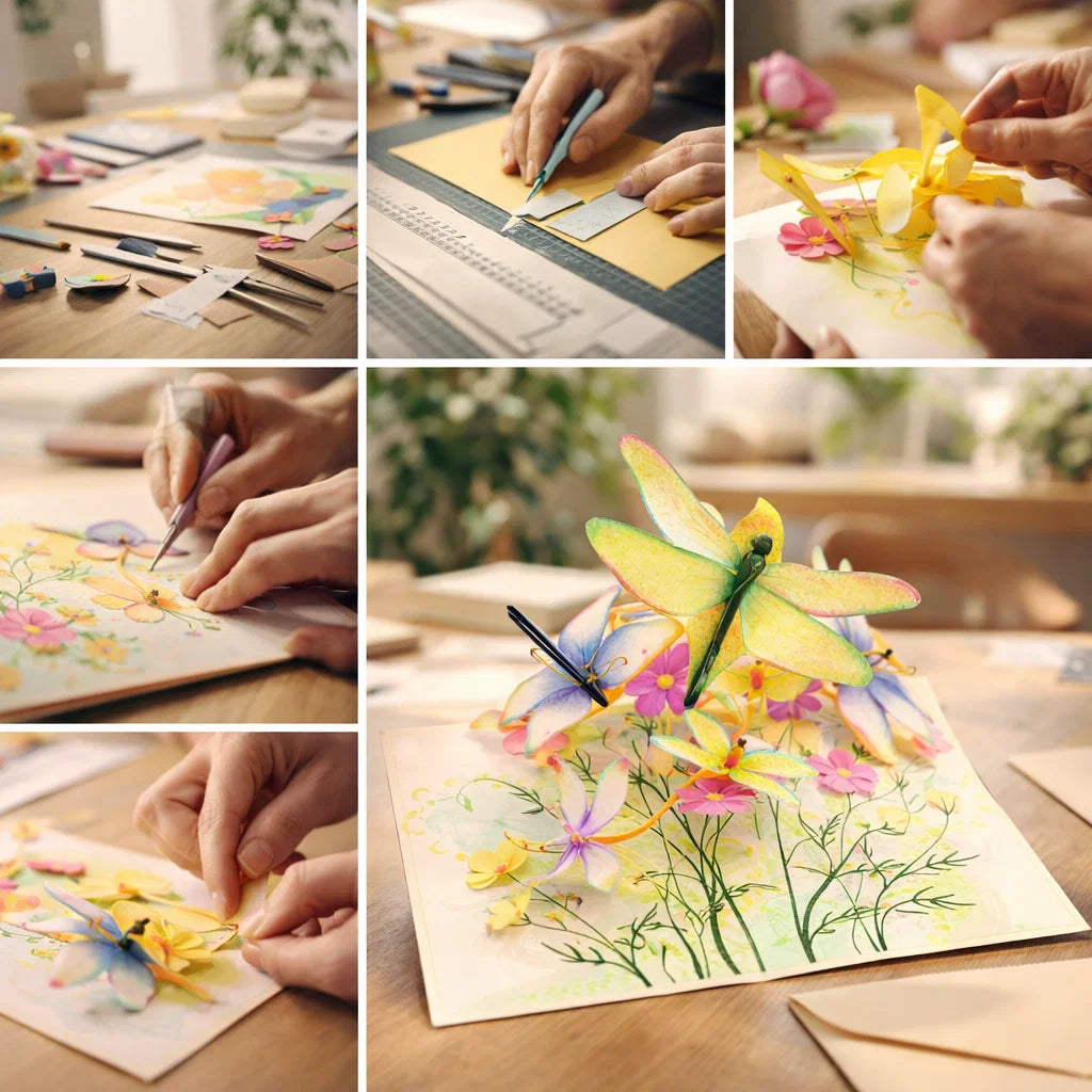 Collage of hands creating a colorful 3D paper dragonfly and floral design on a card.
