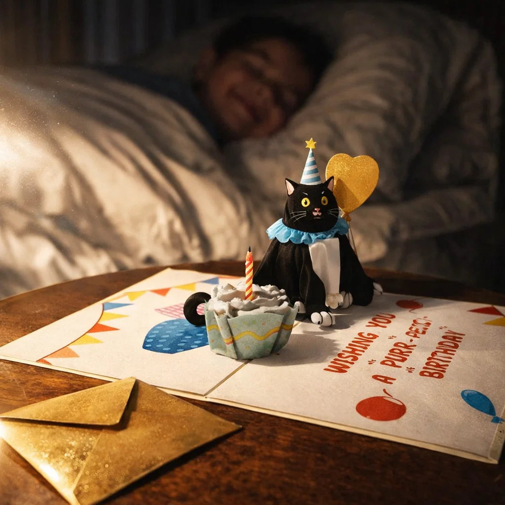 Cat figurine with birthday cake and candle on a card, with a person lying in bed in the background.