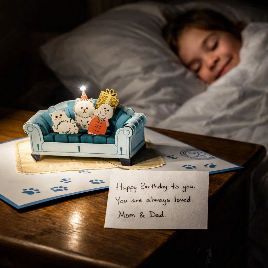 Dogs Lying On Blue Couch 3D Pop Up Greeting Card