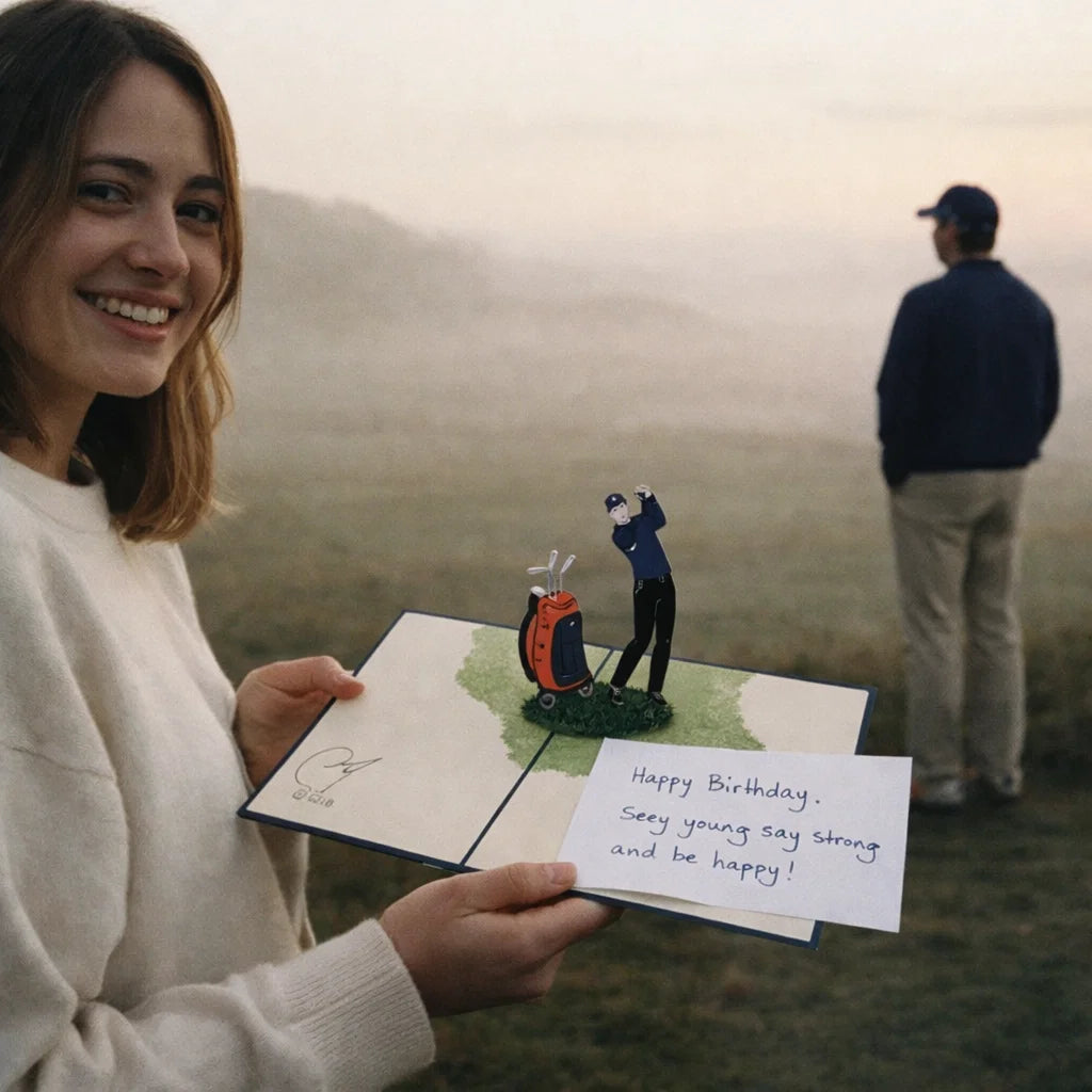 Woman holding a birthday card with a golfer on a golf course, with a man in the background.