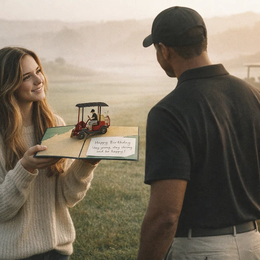 Woman showing a pop-up card with a golf cart and message to a man outdoors.