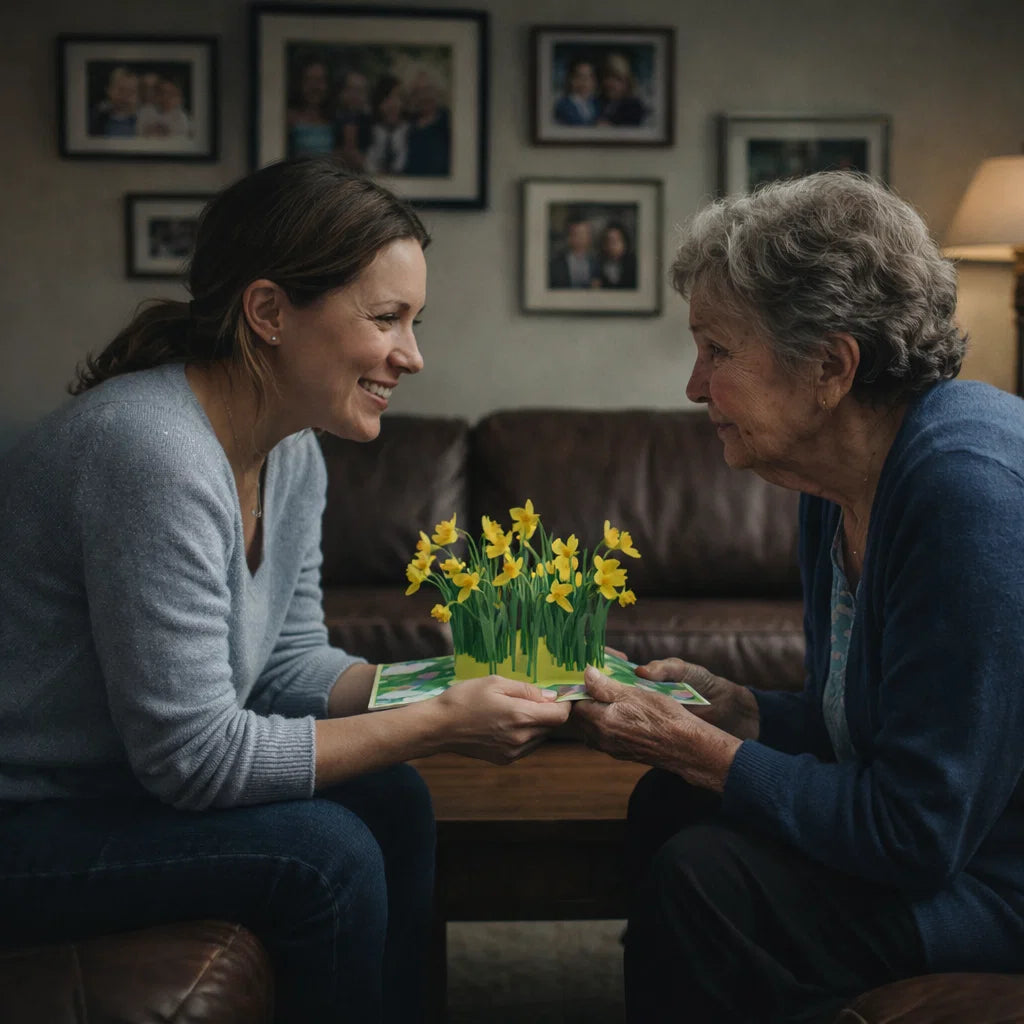 Woman presenting a card with yellow flowers to an older woman in a cozy living room.