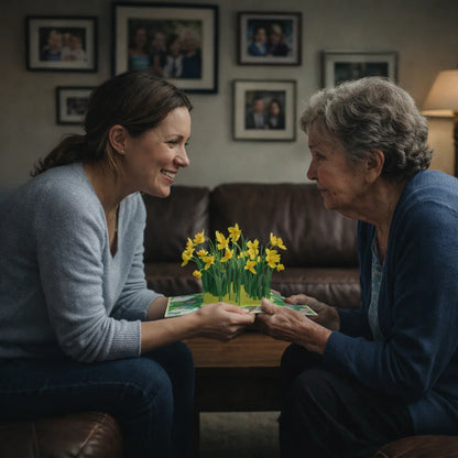 Woman presenting a card with yellow flowers to an older woman in a cozy living room.