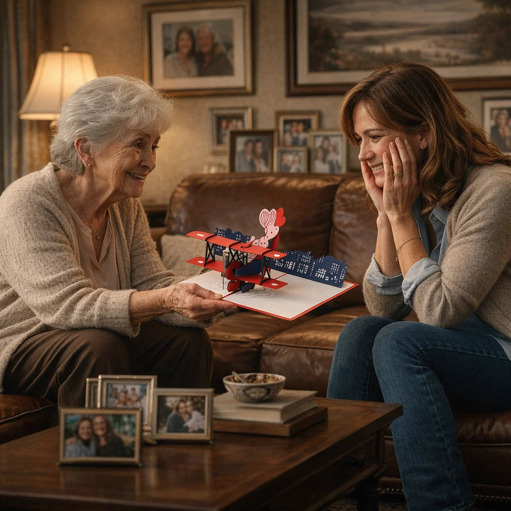 Two women sitting on a couch with a woman showing an airplane model to another woman.
