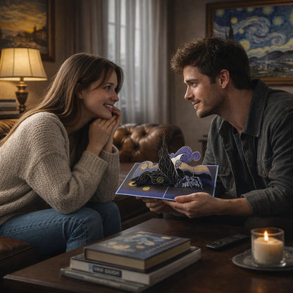 Man and woman in a cozy room with a pop-up book
