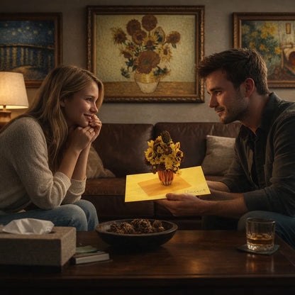 Man presenting a yellow card with flowers to a woman in a cozy living room.