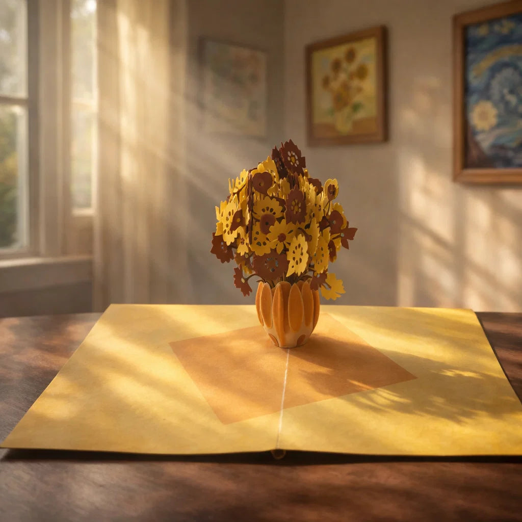 Pop-up book with a pumpkin vase and flowers on a wooden table.