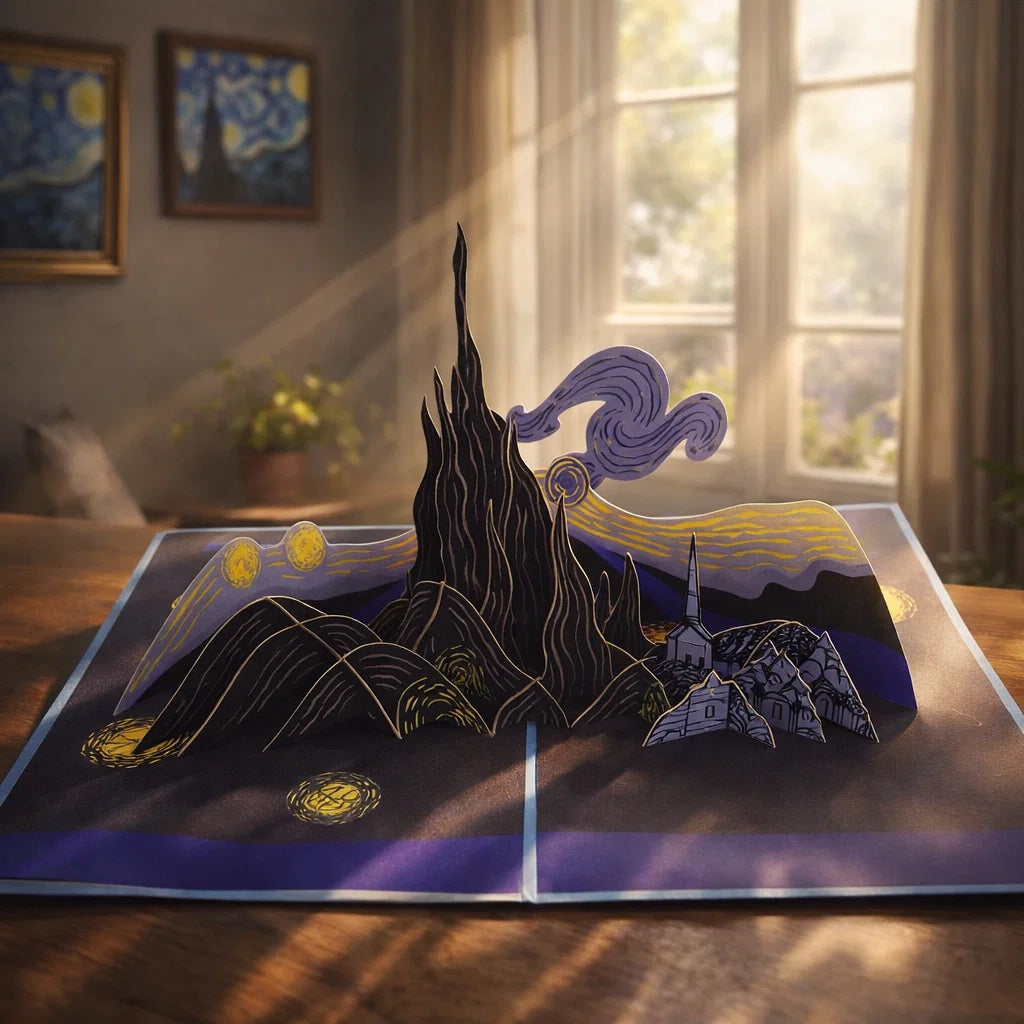 Pop-up card open to a page with a mountain and castle design, set against a window with sunlight streaming through.