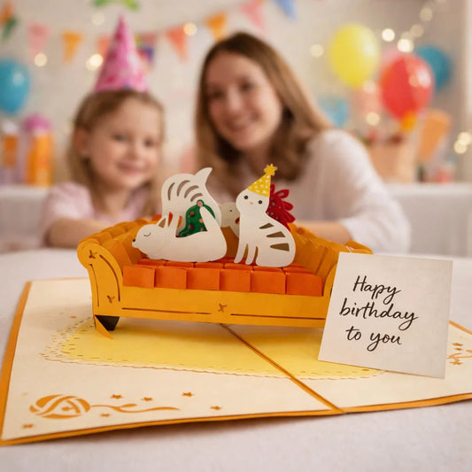 Cats Playing On Orange Couch 3D Pop Up Greeting Card