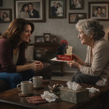 Two women in a living room with a cake and coffee cups on a table.