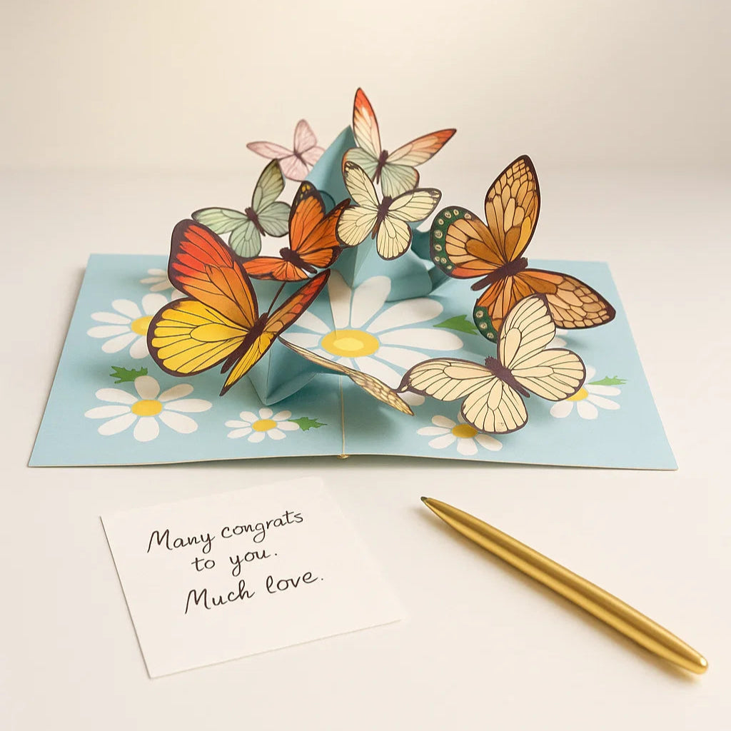 Pop-up card with butterflies and flowers on a white background