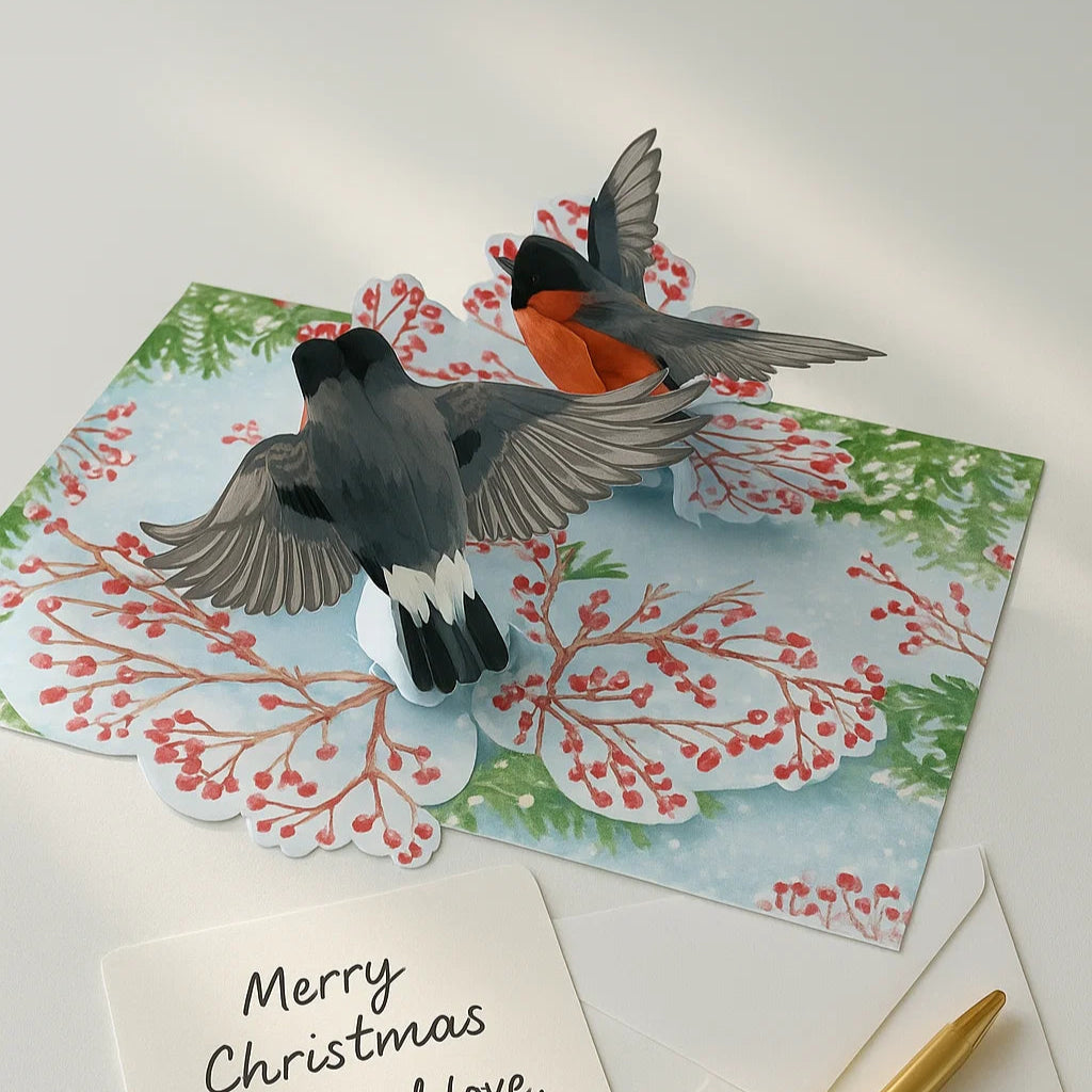 Christmas card with birds and a pen on a white surface