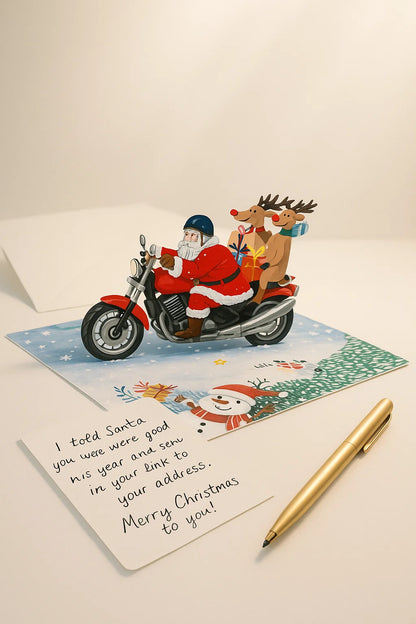 Santa Claus Riding Motorcycle 3D Pop Up Greeting Card