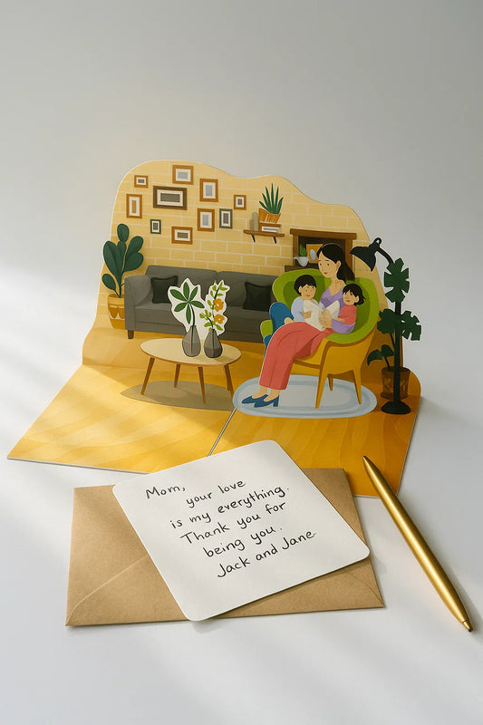 Pop-up card with a family scene and a handwritten note on a white background
