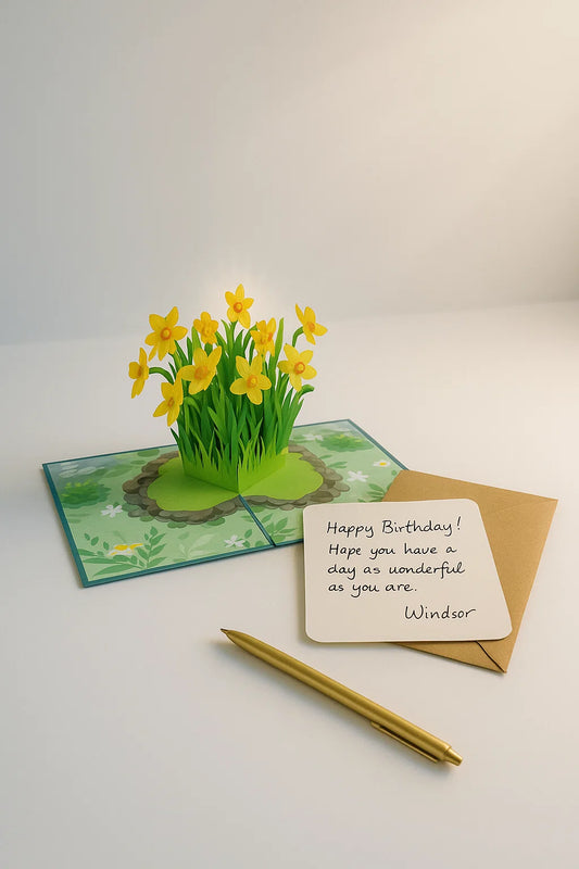 Pop-up card with yellow flowers and a pen on a white background