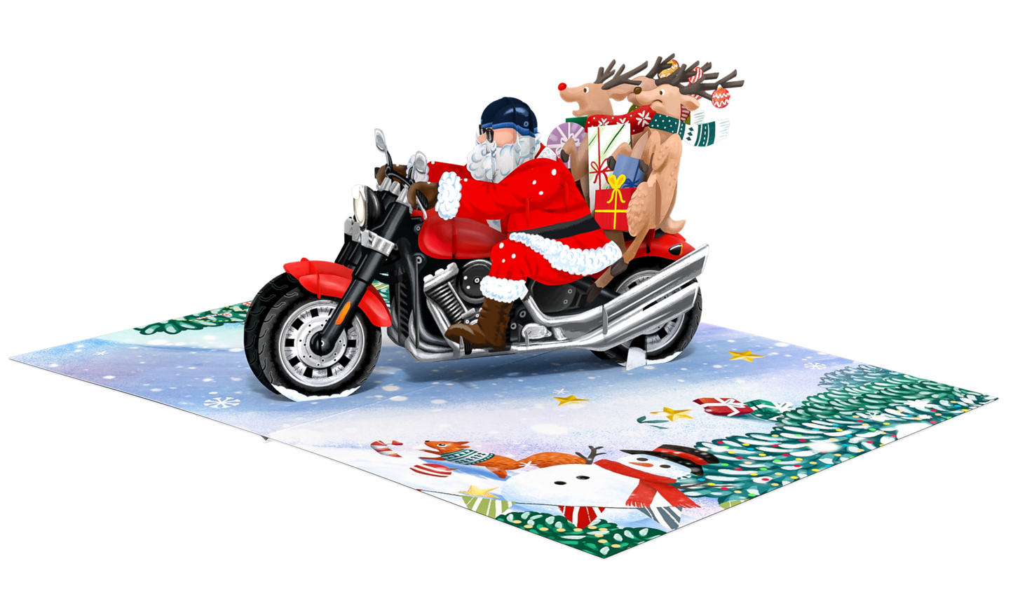 Santa Claus on a motorcycle with reindeer carrying gifts, on a snowy landscape background.