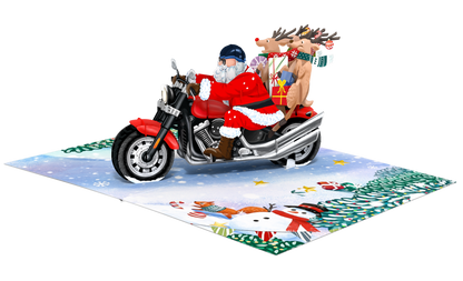Santa Claus on a motorcycle with reindeer carrying gifts, on a snowy landscape background.