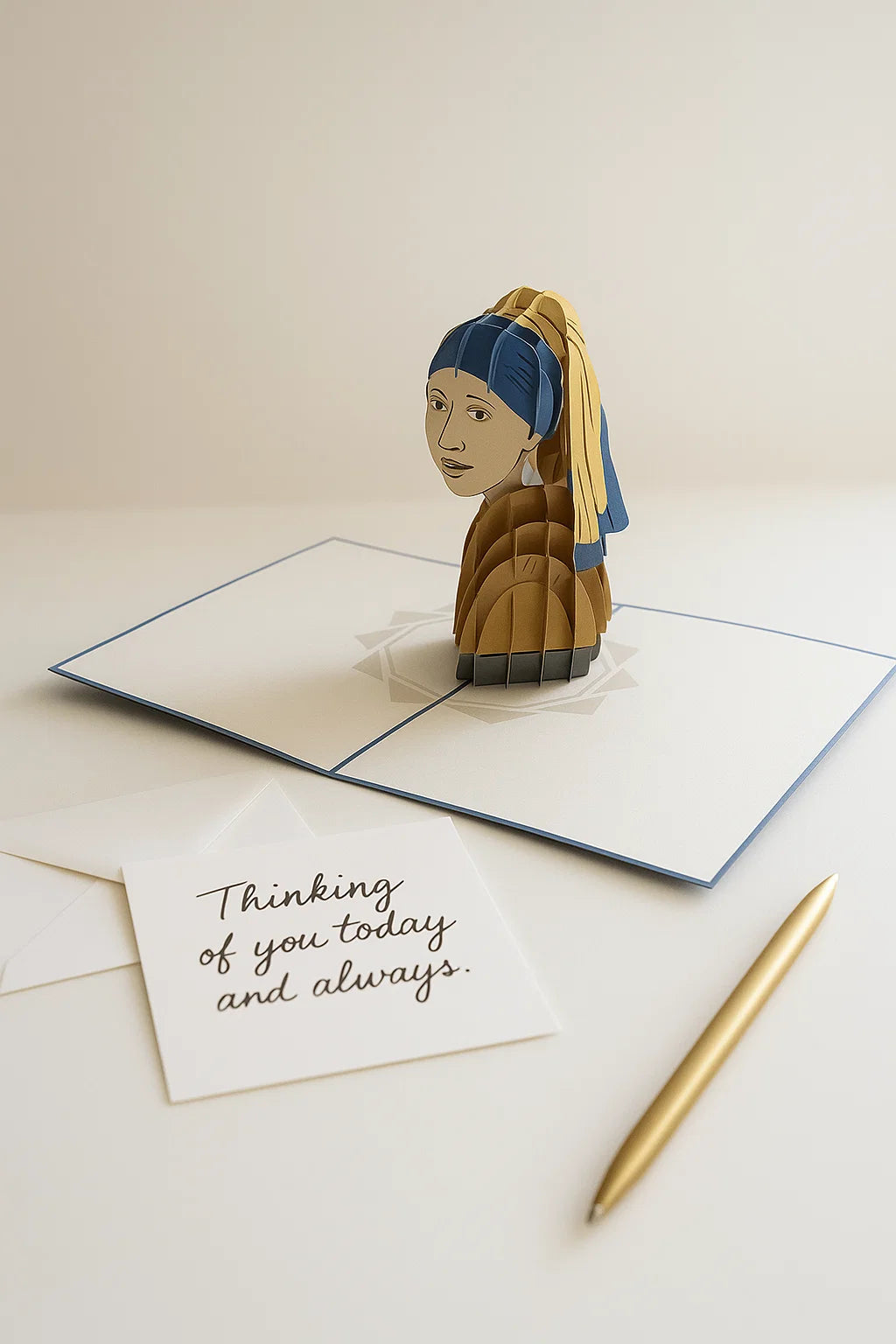 3D pop-up card with 'Girl with a Pearl Earring' design, a card with 'Thinking of you today and always', and a pen on a light surface.